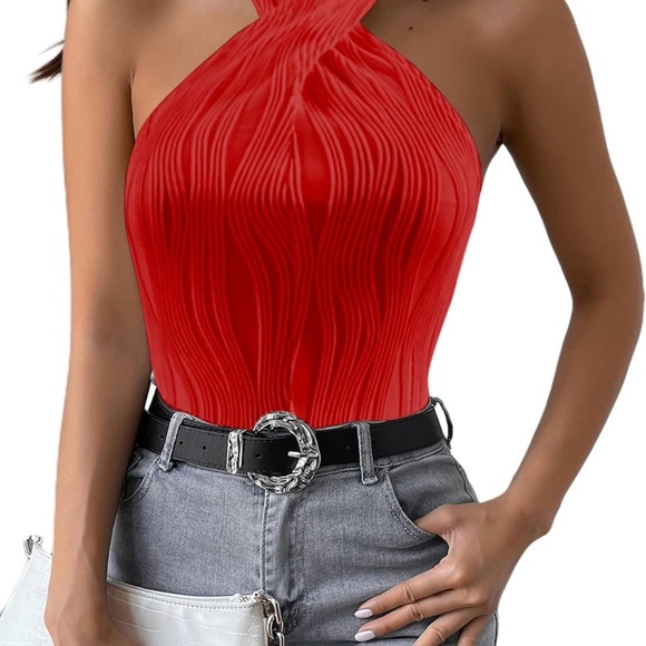 Women's Sexy Halter Neck Sleeveless Criss Cross Textured Blouse Size M - Picture 4 of 10